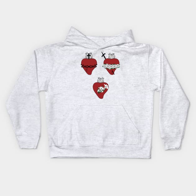 Hearts of Jesus, Virgin Mary and St. Joseph Kids Hoodie by alinerope